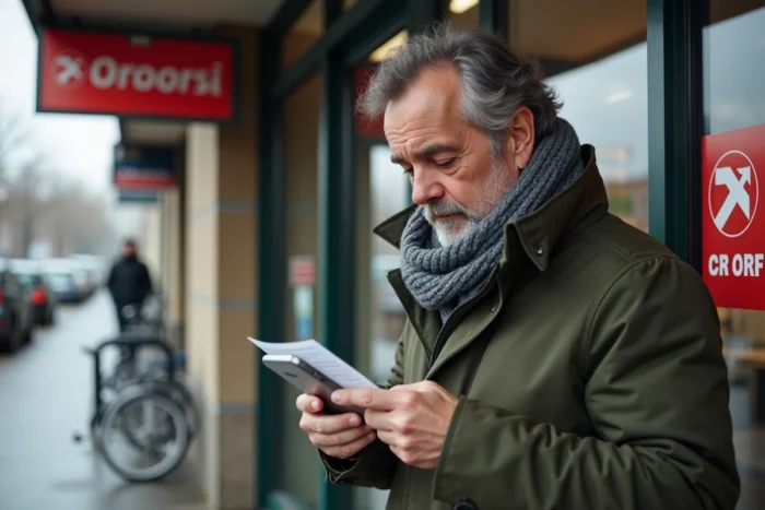 Homme cherchant un point de dépôt Chronopost sur son téléphone devant une supérette