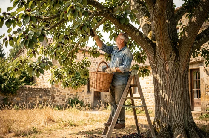 Homme récoltant des fruits de mûrier platane depuis une échelle dans un jardin rural français en été