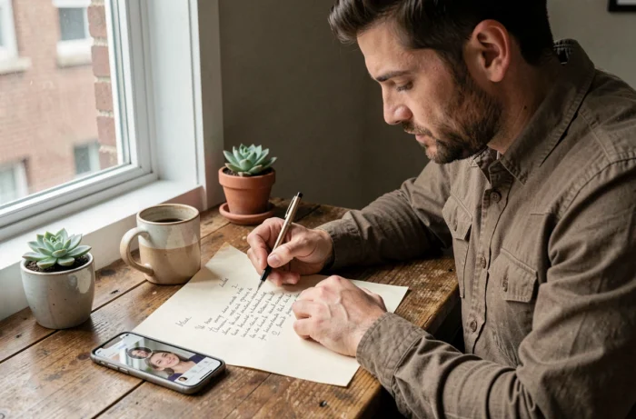 Un homme rédigeant une lettre manuscrite réconfortante pour un proche avant une intervention chirurgicale