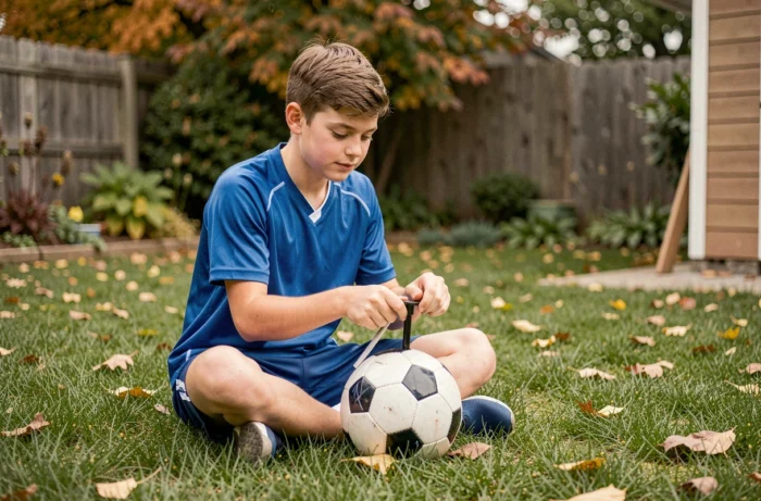 Adolescent regonflant un ballon de foot réparé dans un jardin avec une pompe à main