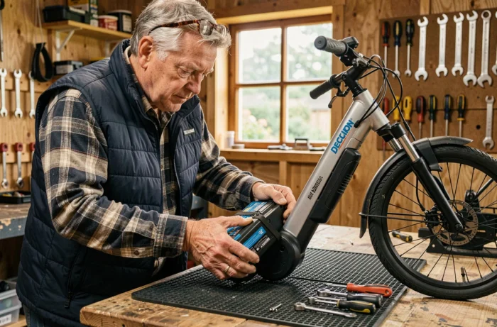 Homme retirant la batterie d'un vélo électrique Decathlon sur un établi dans un atelier de jardin