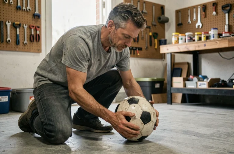 Homme inspectant un ballon de foot dégonflé dans un garage pour le réparer
