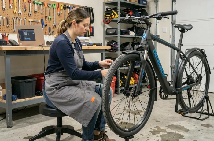 Femme technicienne connectant un ordinateur portable au port de diagnostic d'un vélo électrique Decathlon dans un garage