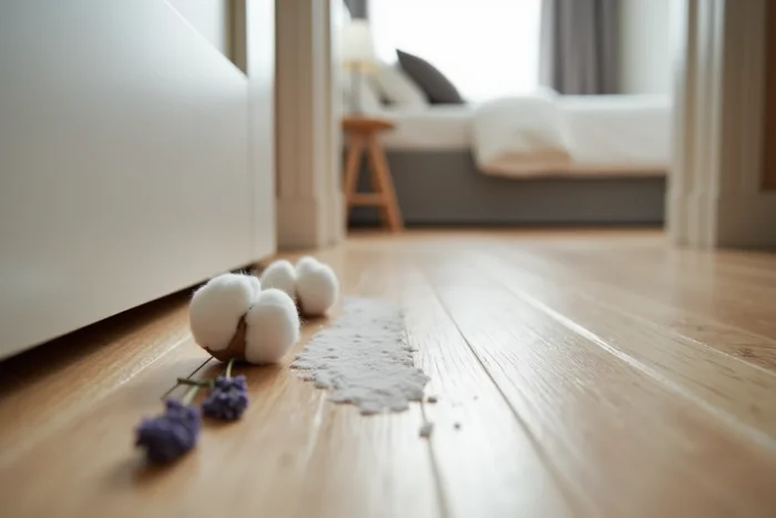 Répulsifs naturels contre les araignées disposés devant le seuil d'une chambre à coucher, lavande et craie sur parquet