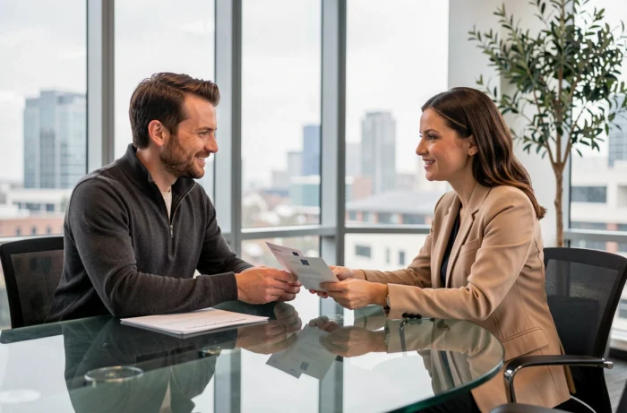 Deux professionnels du bâtiment en réunion de premier contact dans un bureau moderne avec vue sur la ville