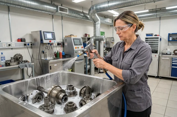 Technicienne rinçant les pièces de boîte de vitesses dans un laveur industriel de pièces automobiles
