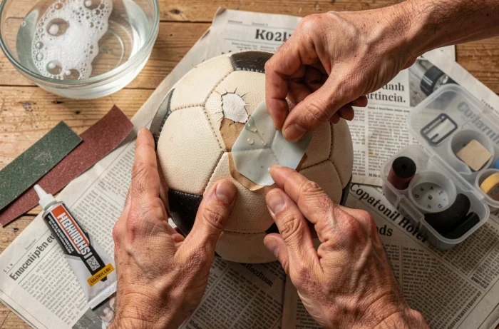 Gros plan sur la réparation d'une crevaison de ballon de football avec une rustine et de la colle