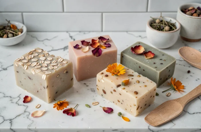Assortiment de savons faits maison aux pétales de fleurs séchées et flocons d'avoine disposés sur marbre avec des plantes botaniques