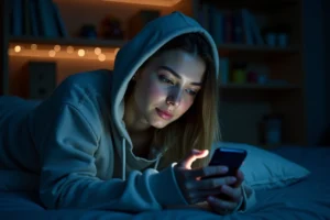 Jeune femme utilisant Snapchat sur son téléphone la nuit dans sa chambre, score Snap qui augmente pendant le sommeil
