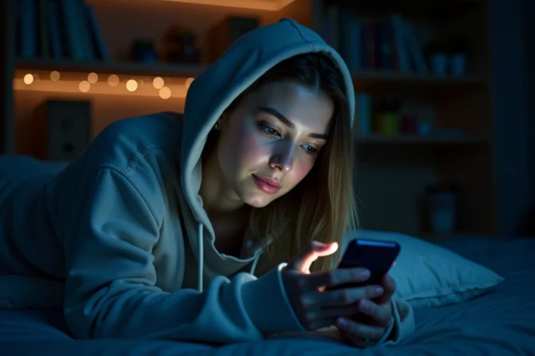Jeune femme utilisant Snapchat sur son téléphone la nuit dans sa chambre, score Snap qui augmente pendant le sommeil