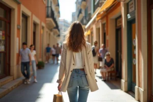 Femme faisant du shopping dans une rue commerçante ouverte le dimanche à Marseille