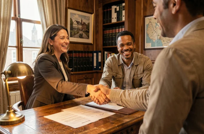 Couple signant l'acte de vente immobilier chez le notaire après un accompagnement personnalisé réussi
