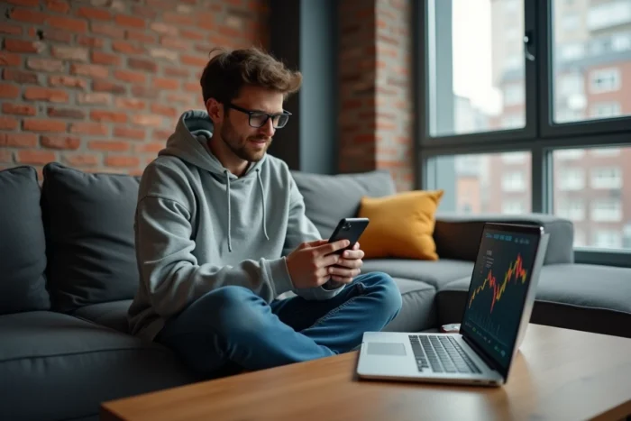 Jeune adulte suivant l'actualité boursière sur smartphone et laptop depuis son appartement