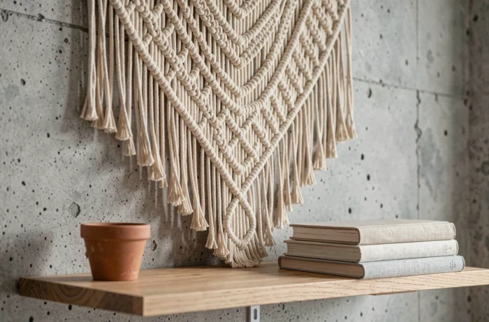 Suspension murale en macramé artisanal sur mur en béton brut dans une chambre de style scandinave