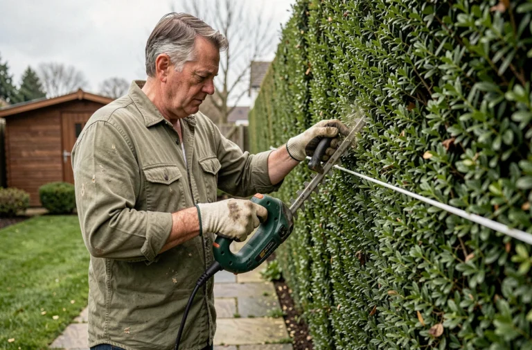 Homme taillant une haie de buis bien droite avec un taille-haie électrique et un fil guide tendu dans un jardin suburban