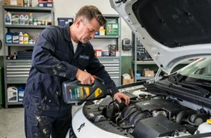 Technicien versant de l'huile moteur 5W-30 dans le compartiment moteur d'une Peugeot 2008 blanche dans un garage professionnel