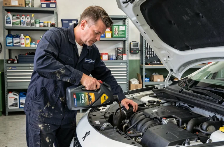 Technicien versant de l'huile moteur 5W-30 dans le compartiment moteur d'une Peugeot 2008 blanche dans un garage professionnel