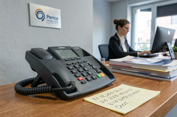 Téléphone fixe de bureau avec note manuscrite indiquant un numéro en indicatif 04 12 dans une entreprise française
