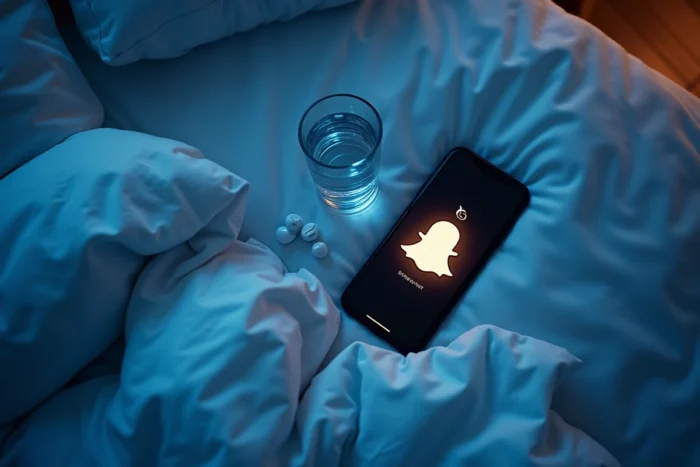 Téléphone posé sur un lit la nuit affichant un score Snapchat en hausse avec icône de flamme