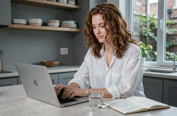Jeune femme travaillant en télétravail depuis sa cuisine avec un ordinateur portable et un carnet de notes