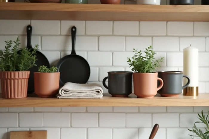 Étagère de cuisine ouverte avec mugs en grès artisanal terracotta, herbes en pot et bougeoir en laiton, nouvelles tendances accessoires maison