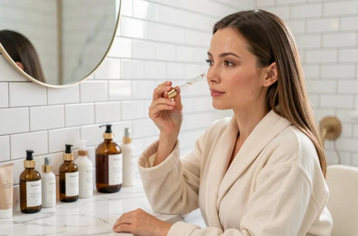 Femme appliquant un sérum sur son visage dans une salle de bain minimaliste, illustrant les tendances beauté et soins de peau incontournables