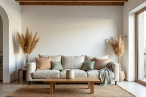 Salon scandinave moderne avec canapé en lin, coussins bouclé crème et sauge, table basse en chêne et vase en céramique avec herbes de pampa, tendances déco maison 2024