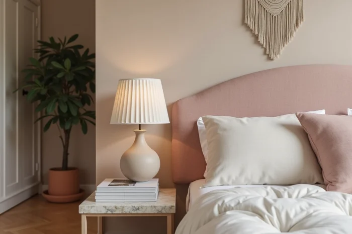 Coin chambre tendance avec tête de lit en lin rose poudré, table de chevet en travertin, lampe céramique et macramé mural, inspirations décoration intérieure maison