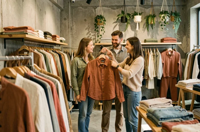 Trois amis stylés découvrant des vêtements dans un concept store tendance, illustrant le lifestyle mode et les nouvelles tendances shopping de l'année