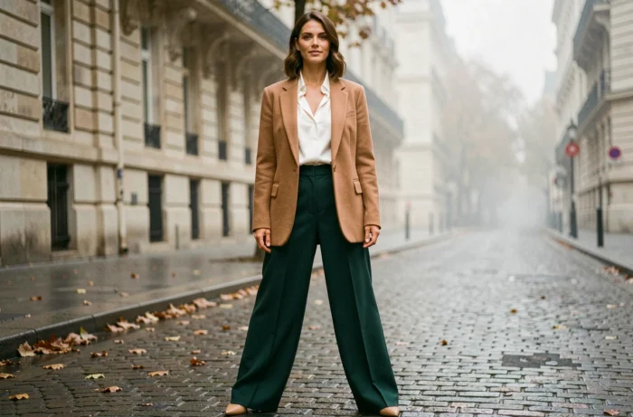 Femme élégante en blazer camel oversize et pantalon large vert forêt dans une rue parisienne pavée, tendances mode automne