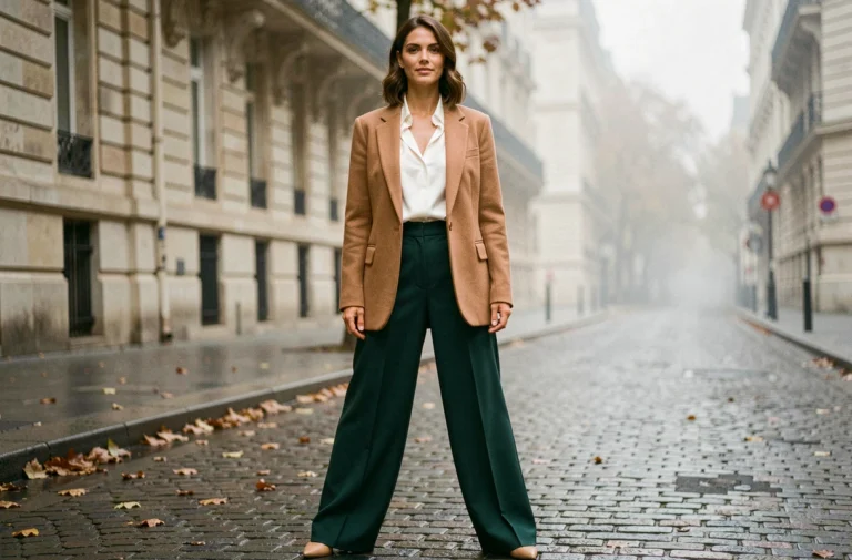 Femme élégante en blazer camel oversize et pantalon large vert forêt dans une rue parisienne pavée, tendances mode automne