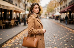 Femme stylée en manteau camel et col roulé blanc dans une rue parisienne en automne, illustrant les tendances mode incontournables de l'année