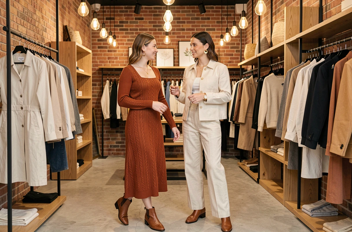 Deux femmes tendance faisant du shopping dans une boutique concept store, robe tricot rouille et ensemble lin crème, tendances mode saison