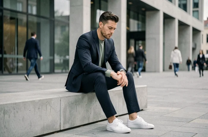 Homme élégant en costume marine et baskets blanches dans un espace urbain moderne, tendance mode masculine lifestyle pour l'année en cours
