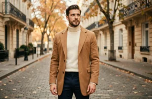 Homme élégant en manteau camel et col roulé crème dans une rue parisienne en automne, tendances mode homme 2024