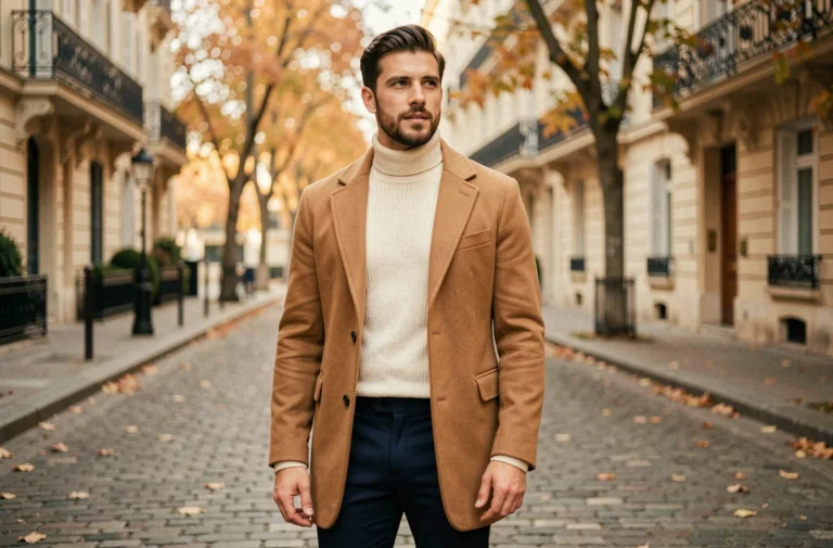 Homme élégant en manteau camel et col roulé crème dans une rue parisienne en automne, tendances mode homme 2024