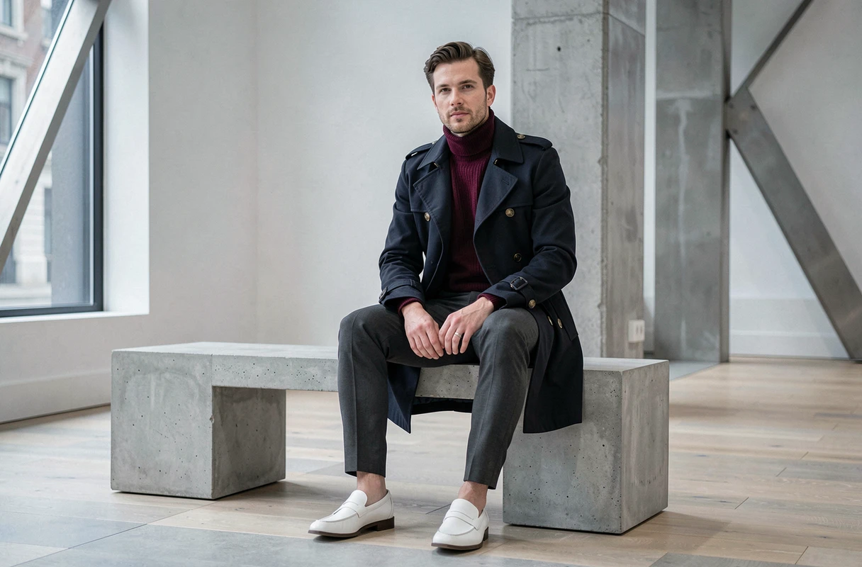 Homme stylé en col roulé bordeaux et trench coat marine structuré assis dans une galerie d'art moderne, look mode homme tendance