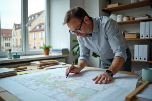 Urbaniste examinant un plan local d'urbanisme (PLU) sur une carte cadastrale dans un bureau municipal
