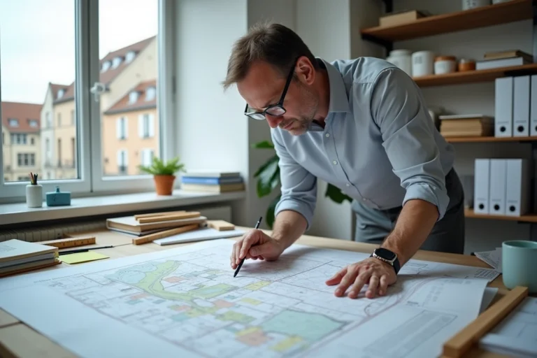 Urbaniste examinant un plan local d'urbanisme (PLU) sur une carte cadastrale dans un bureau municipal