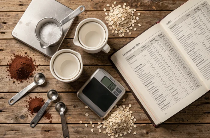 Vue de dessus d'ustensiles de mesure de cuisine, balance numérique, cuillères et tasses doseuses avec ingrédients sur bois rustique