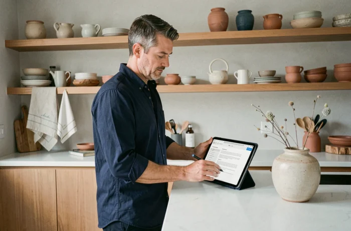 Entrepreneur masculin vérifiant les mentions légales de son site e-commerce de décoration sur une tablette