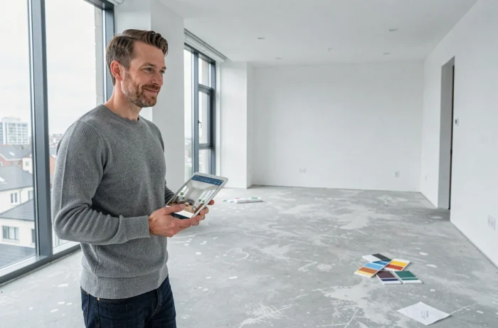Propriétaire visualisant le potentiel de rénovation de son futur appartement avec une tablette numérique