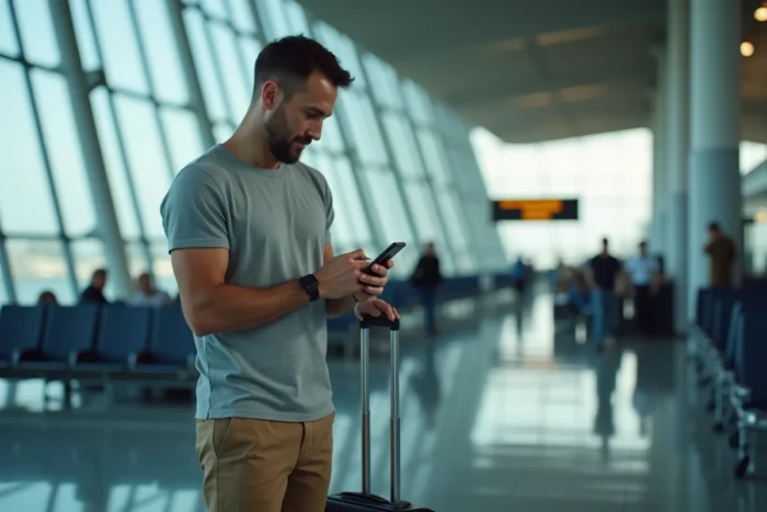 Voyageur consultant sa réservation de billet Ryanair sur smartphone dans un aéroport