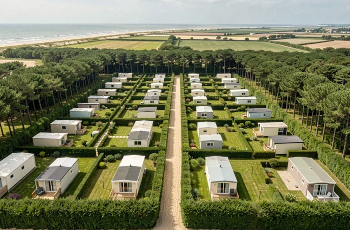 Vue panoramique aérienne d'un parc de parcelles à mobil-home en bord de côte vendéenne entouré de forêt de pins