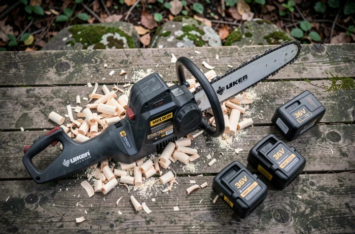 Vue de dessus de la tronçonneuse Black+Decker GKC3630L25-QW avec ses batteries et des copeaux de bois sur une surface en bois rustique