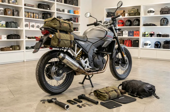 Yamaha XSR 155 équipée d'accessoires de voyage et urbains exposée dans une boutique moto spécialisée